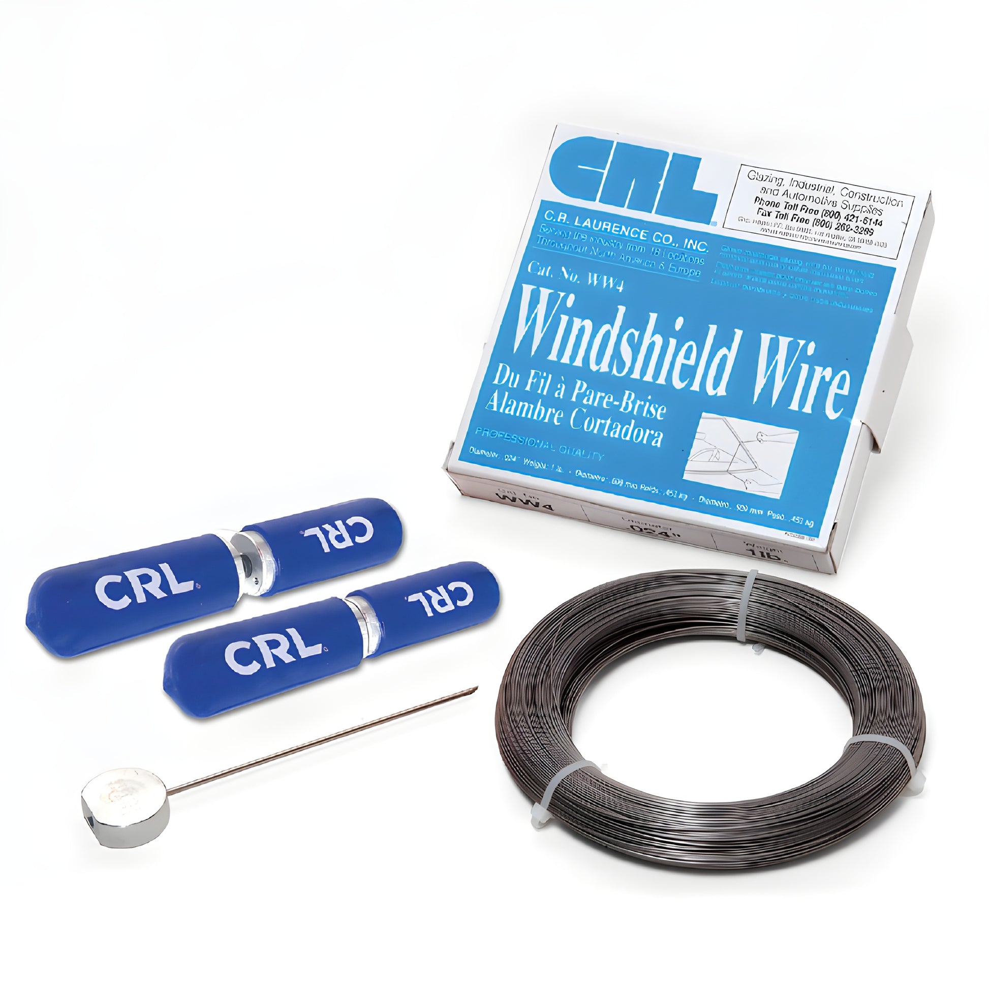 CRL Windshield Removal Kit S21400 - coil of windshield wire, three blue Tightwire grips, WireStarter pin and box.