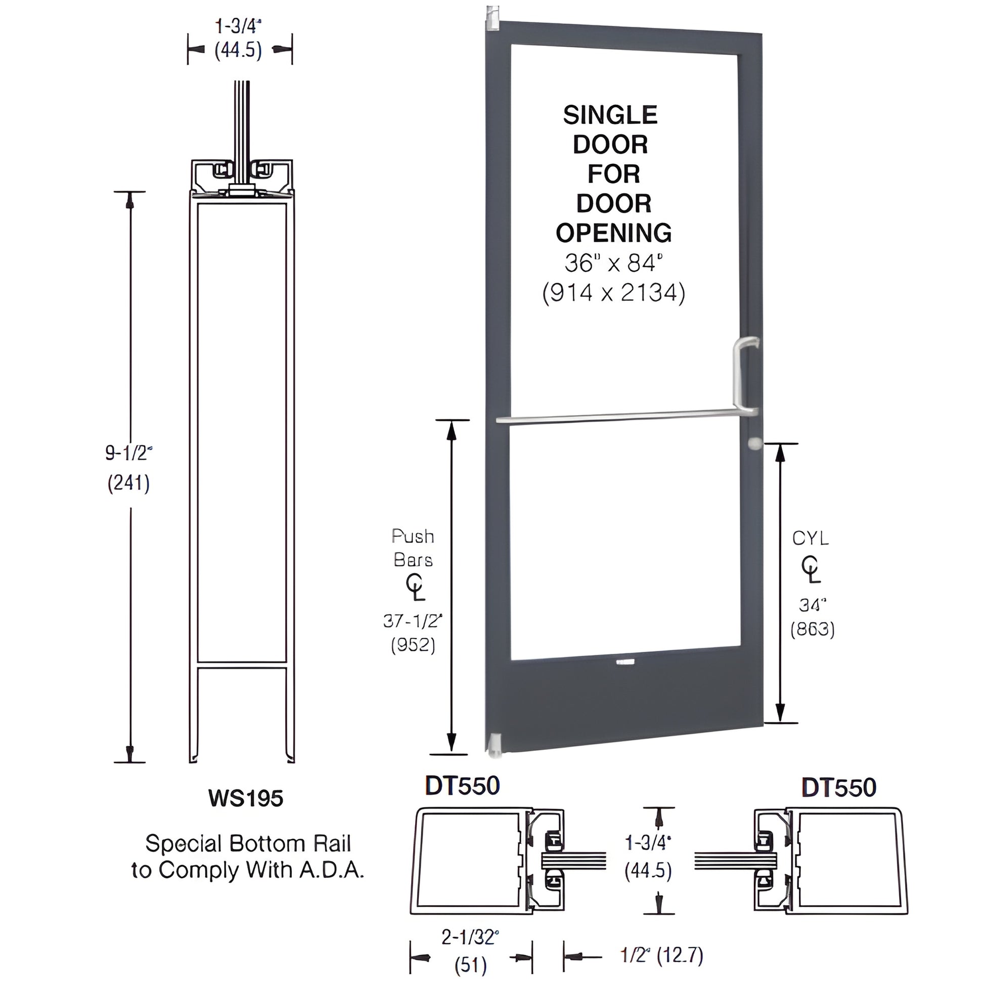 White Kynar 36x84 narrow-stile aluminum door (SKU CD21252R036) with 9-1/2" ADA bottom rail, offset pivots, glazing ready