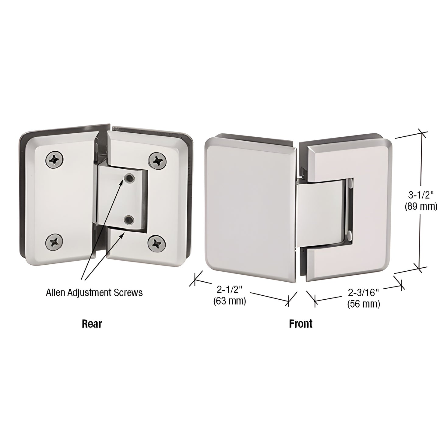P1N345SN Satin nickel Pinnacle adjustable glass-to-glass shower hinge, brass, 3-1/2" high