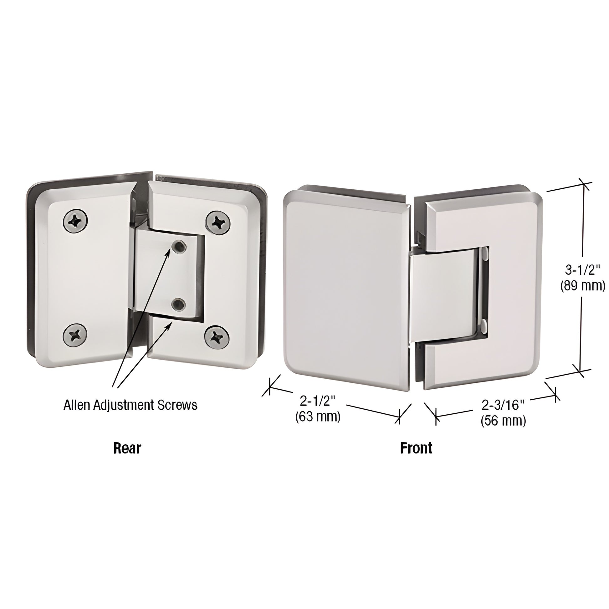 P1N345SN Satin nickel Pinnacle adjustable glass-to-glass shower hinge, brass, 3-1/2" high