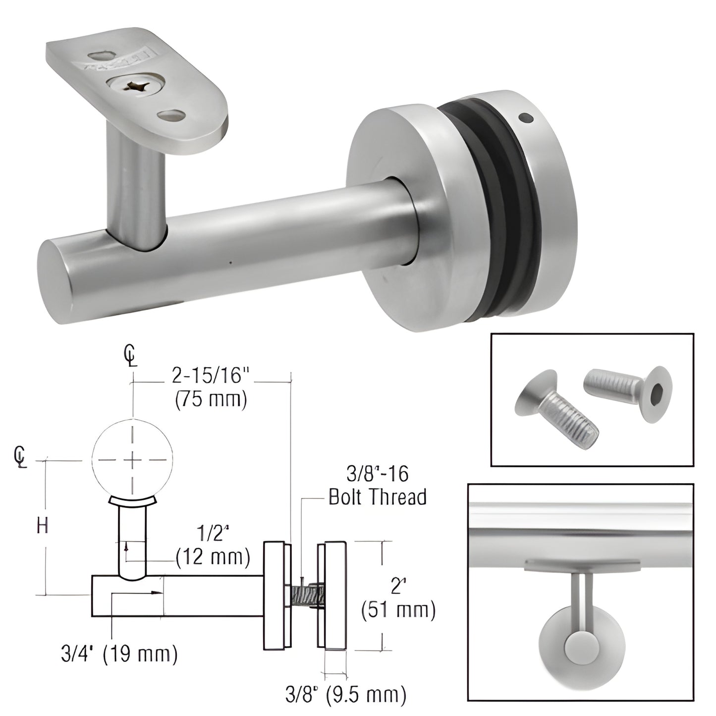 CRL HR2EGBS glass-mounted brushed stainless handrail bracket, 316 stainless, 2 15/16" projection, fits 12-25mm glass.