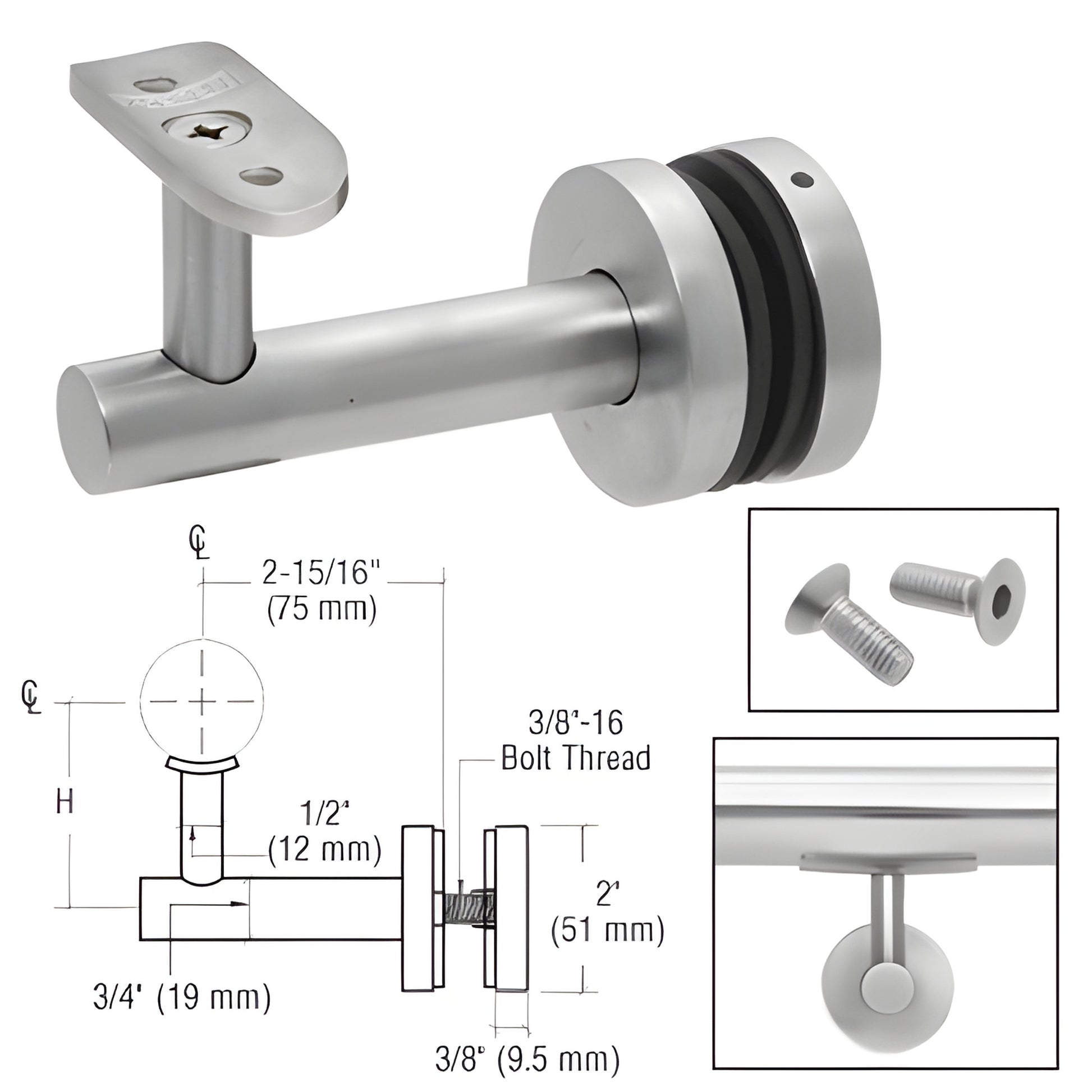 CRL HR2EGBS glass-mounted brushed stainless handrail bracket, 316 stainless, 2 15/16" projection, fits 12-25mm glass.