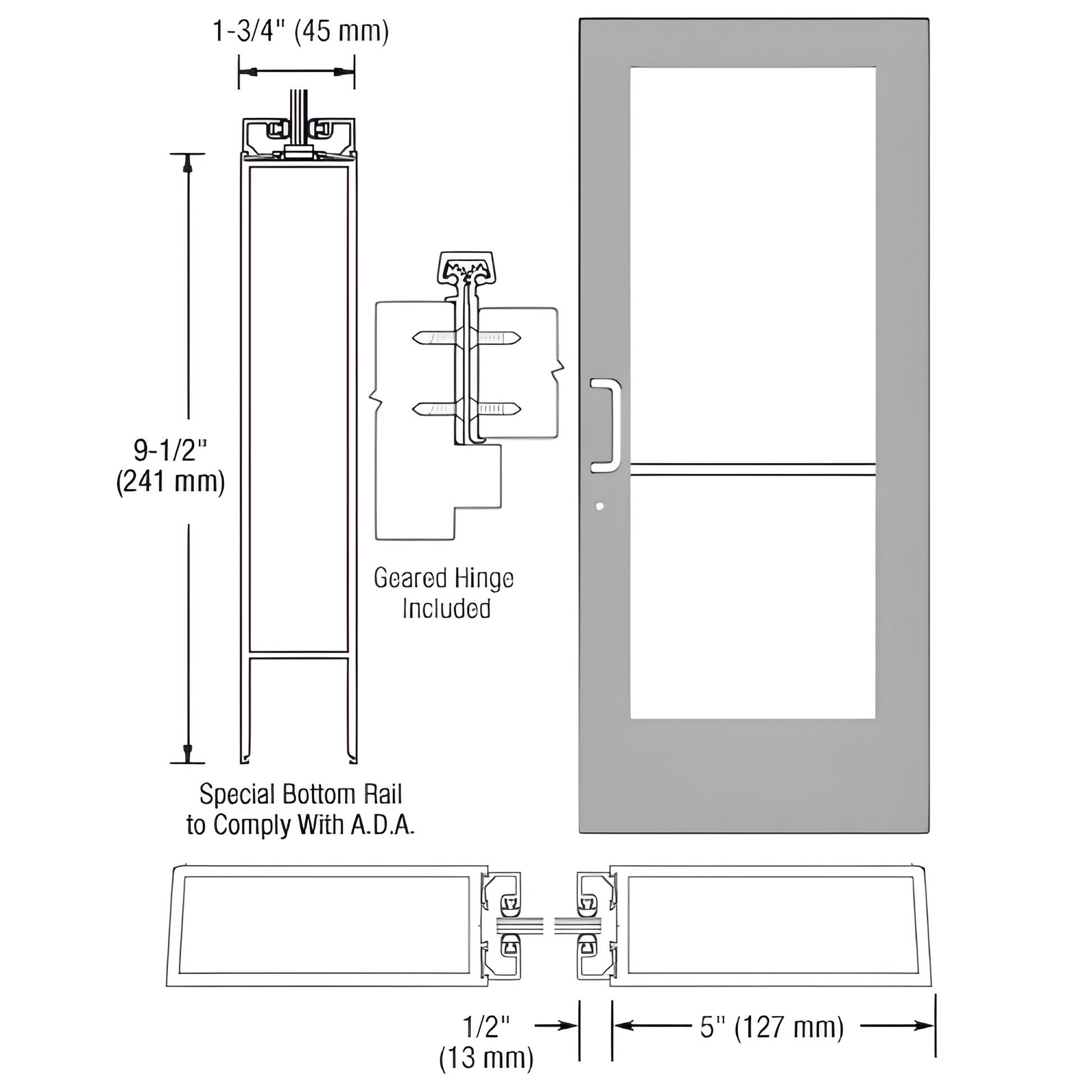 CRL CD51811 clear anodized wide-stile commercial entrance door, 5" stiles, 9-1/2" ADA bottom rail, prepped for 1/4" glass.