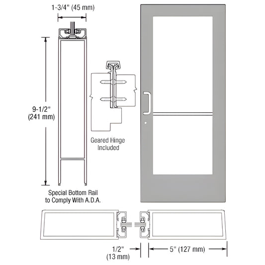 CRL CD51811 clear anodized wide-stile commercial entrance door, 5" stiles, 9-1/2" ADA bottom rail, prepped for 1/4" glass.
