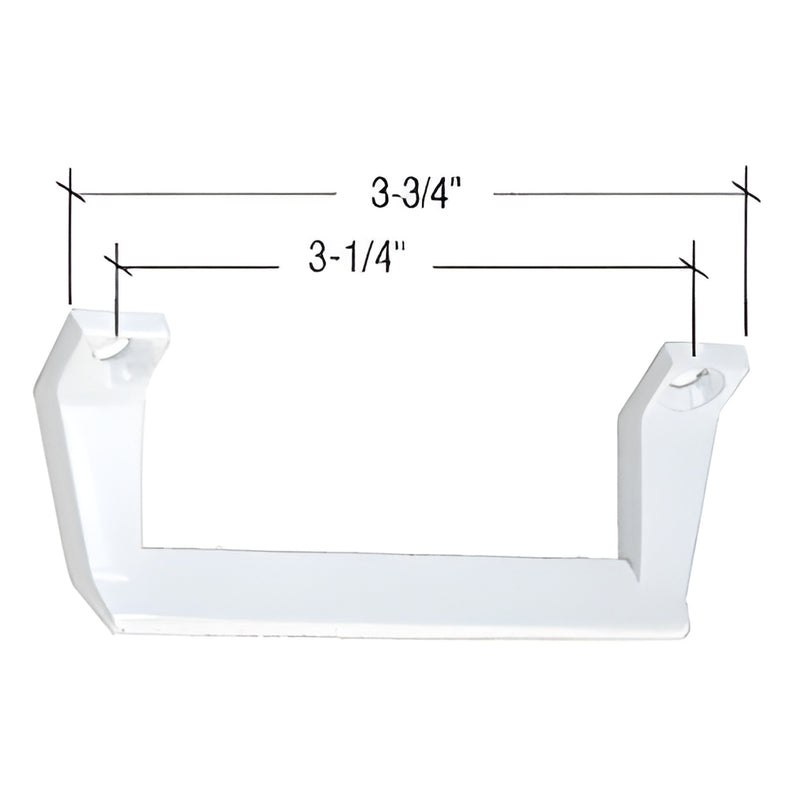 White powder-coated diecast sash lift (SKU F2766), 1-1/8" projection, mounting holes ~3-1/4" apart, includes screws.