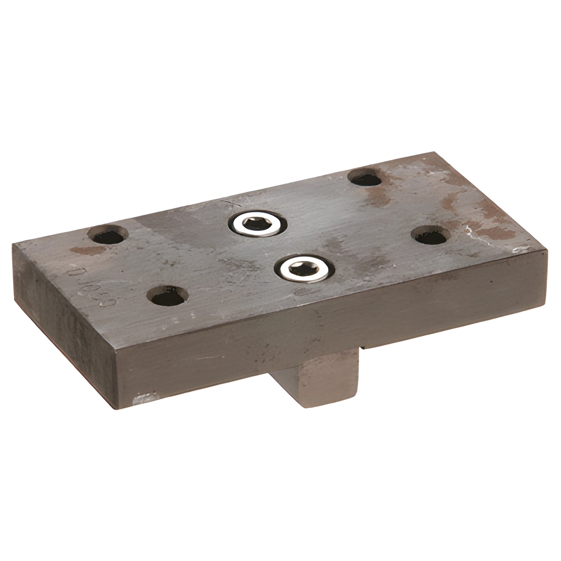 CRL DJ050 mill-finish rectangular drill jig with four guide holes, two recessed bushing holes and central locating tab.