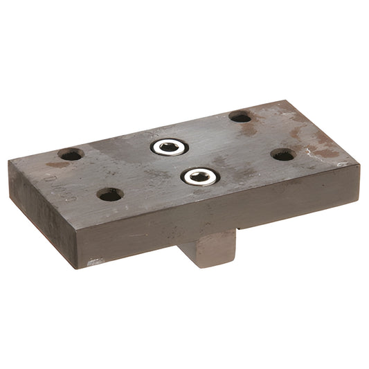 CRL DJ050 mill-finish rectangular drill jig with four guide holes, two recessed bushing holes and central locating tab.