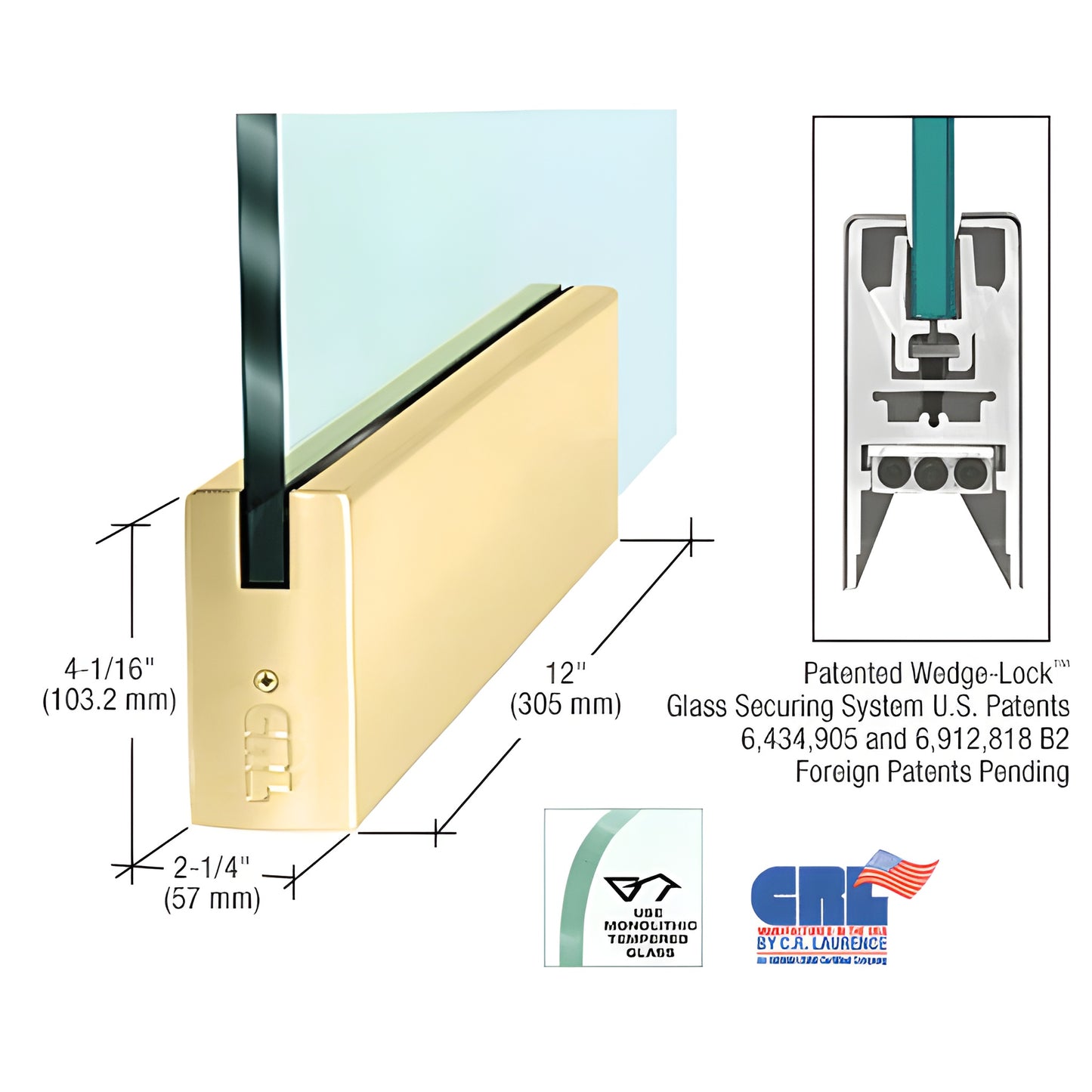 Polished brass 12" Wedge-Lock door rail for 5/8" tempered glass, aluminum-clad square profile (SKU DR4SPB58P)