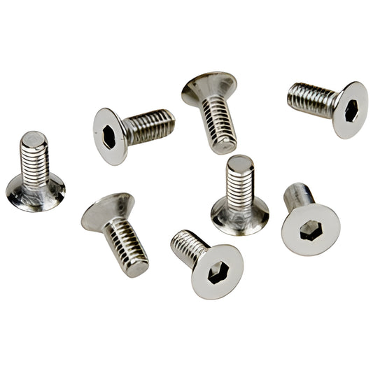 Pack of 8 M6 6x12mm flat-head hex drive stainless screws, brushed satin chrome (SKU A612BSC)