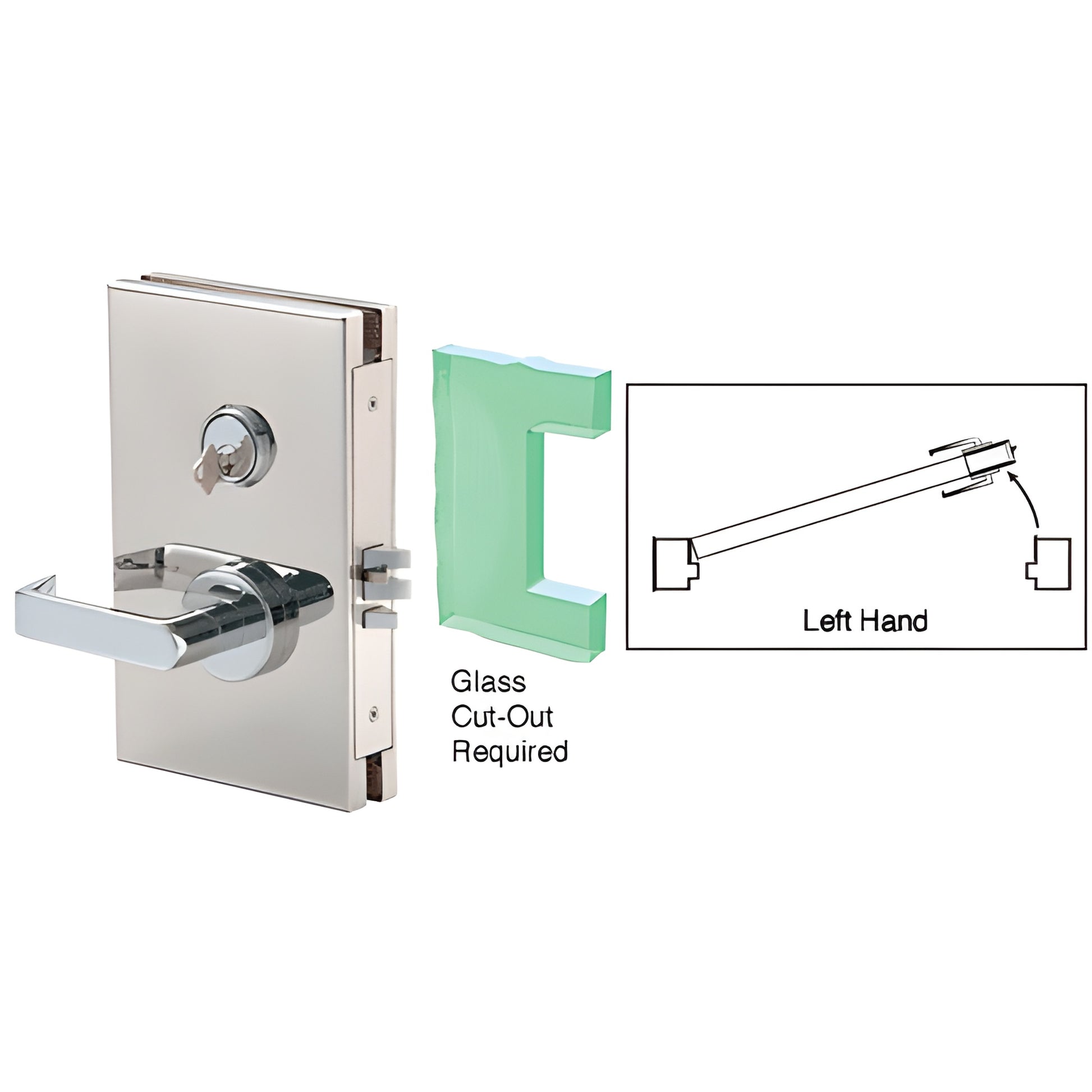 CRL DL610LMPS polished stainless 6x10 center glass door lock, left-hand, lever and key, for 1/2in tempered glass