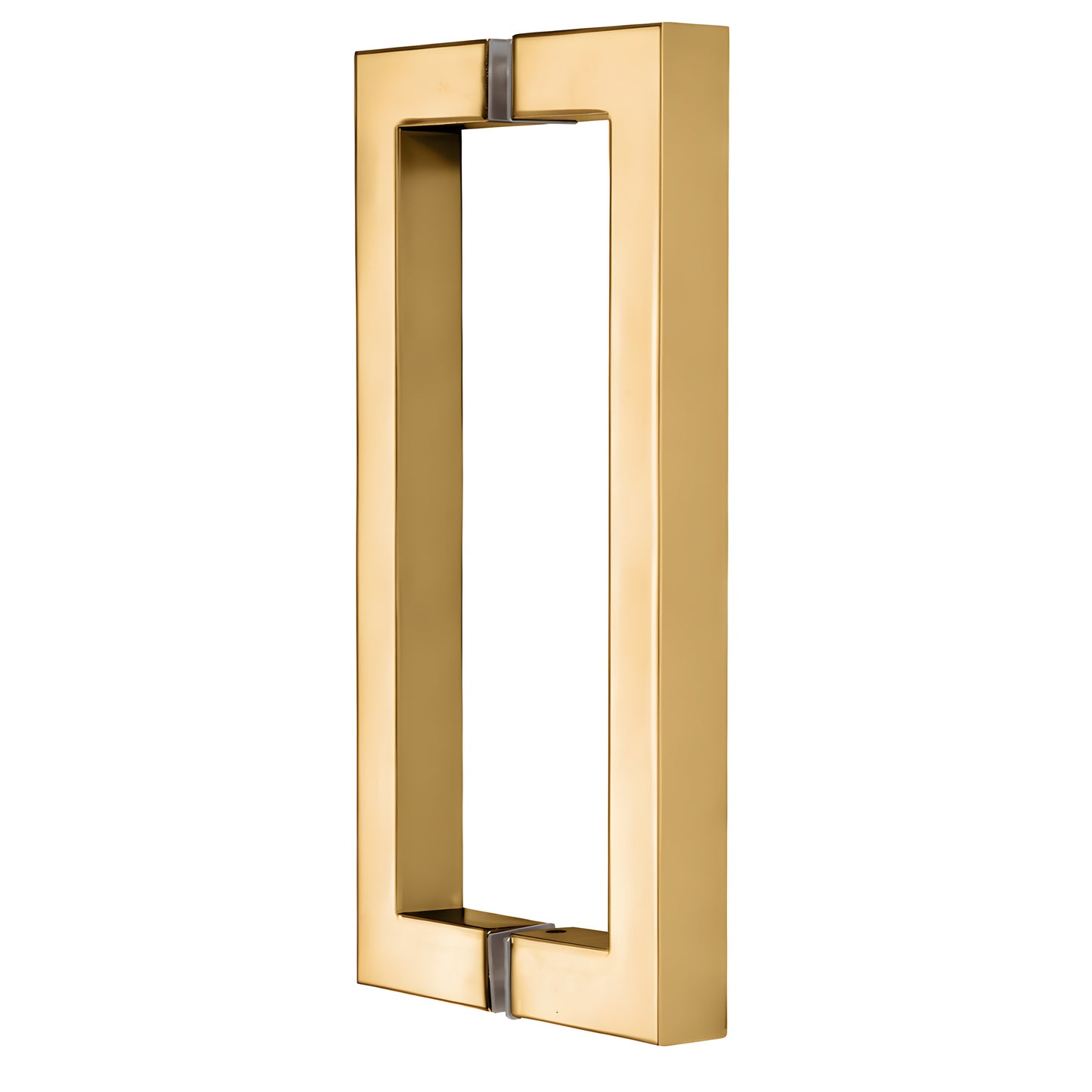 French gold square corner tubular brass glass door pull, 8" center to center, back to back (SKU SQ8X8FG)