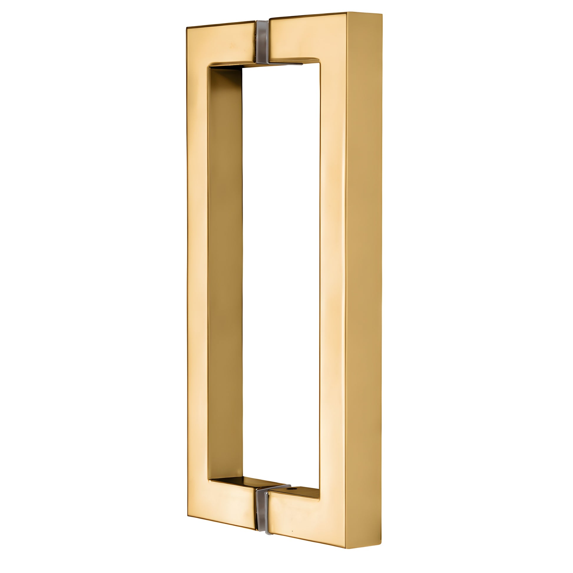 French gold square corner tubular brass glass door pull, 8" center to center, back to back (SKU SQ8X8FG)