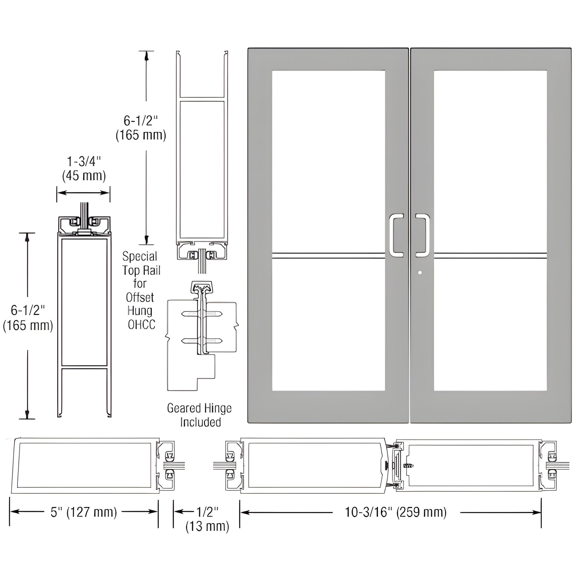 Double custom wide-stile entrance door diagram, clear anodized, 5" stiles, 6-1/2" bottom rail, SKU DC52911
