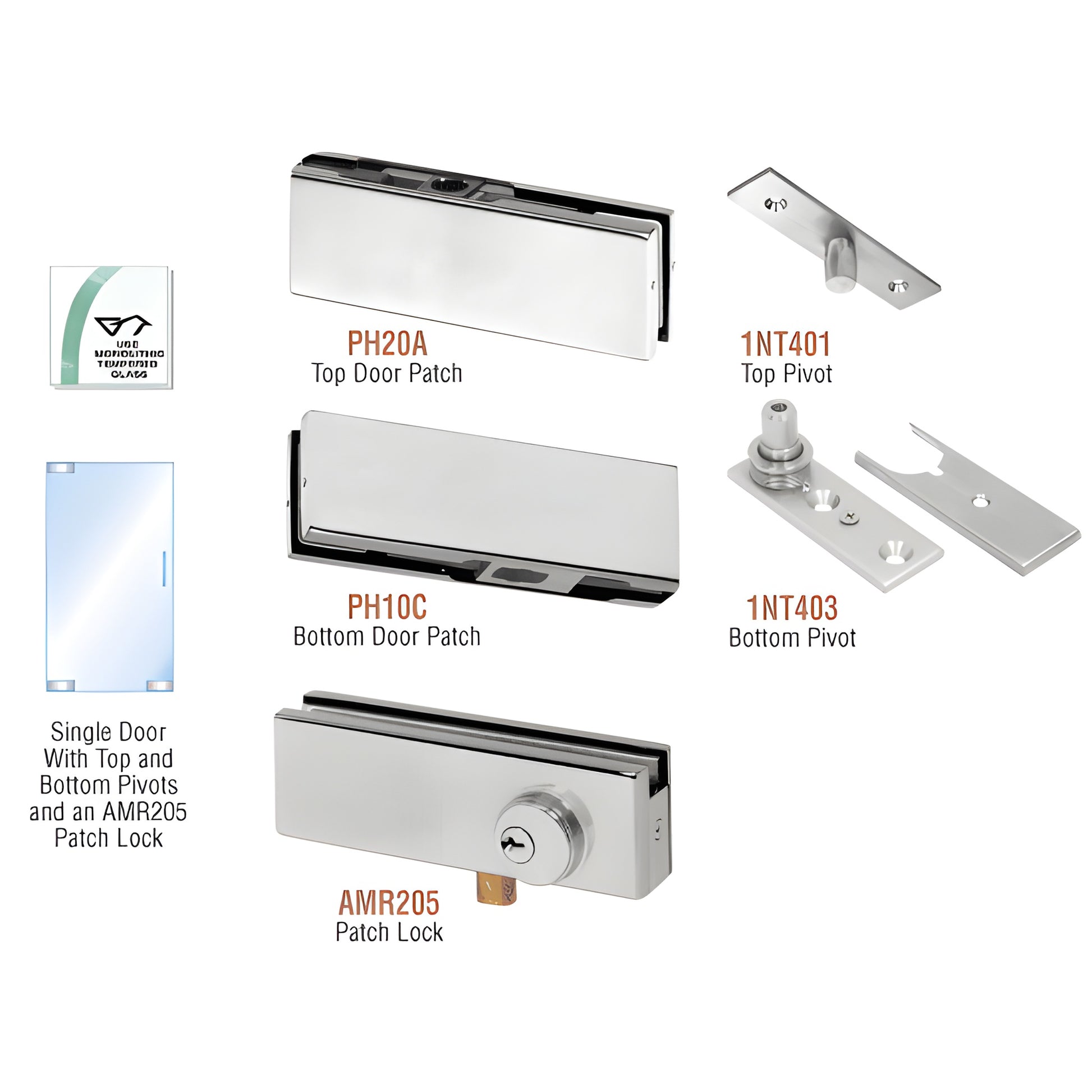 PHA1LBS stainless steel single patch door kit with top/bottom patches, pivots and optional AMR205 patch lock for 3/8-1/2 gla