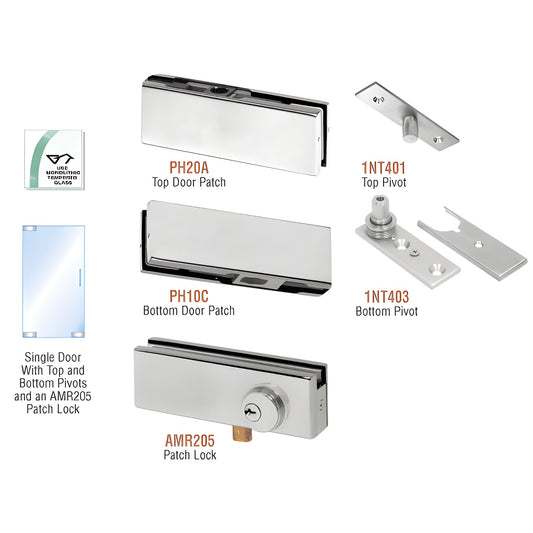 PHA1LBS stainless steel single patch door kit with top/bottom patches, pivots and optional AMR205 patch lock for 3/8-1/2 gla