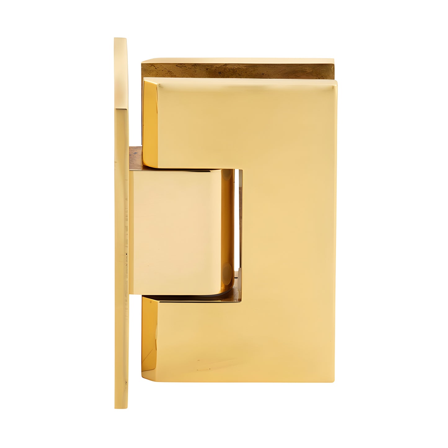 Vienna solid brass shower hinge (SKU V1E037ULBR), unlacquered brass finish, full back plate, fits 3/8-1/2" glass