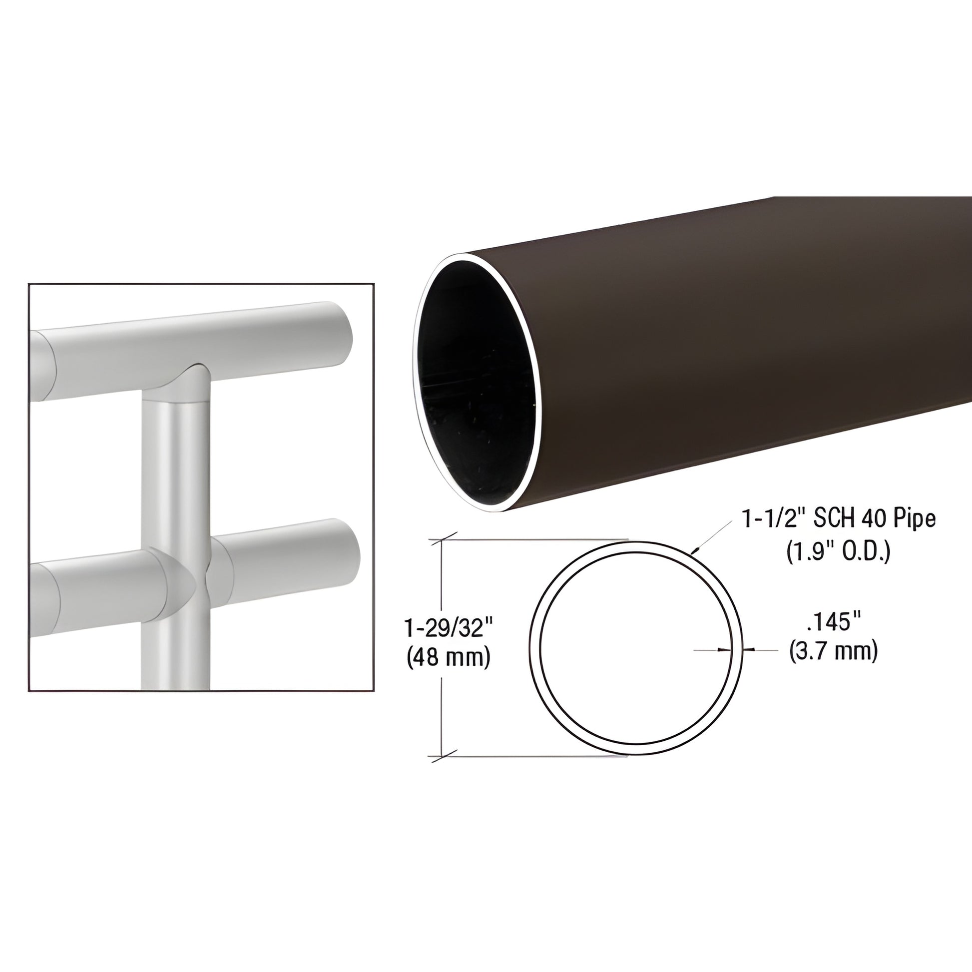 HR19DU 1.9in aluminum handrail tube, black bronze anodized, 20ft, 0.145in wall, for guardrails and ADA ramps