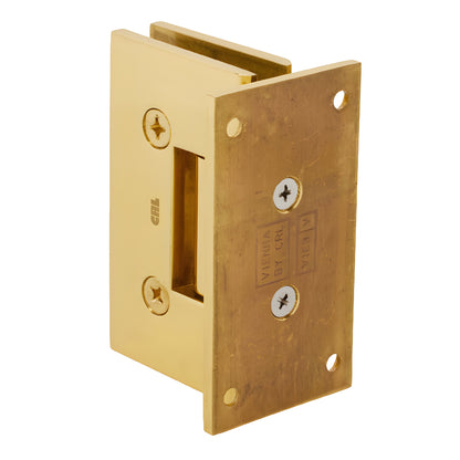 Polished brass Vienna shower door hinge (SKU V1E537BR), solid brass squared design for 10-12mm glass, wall mount.