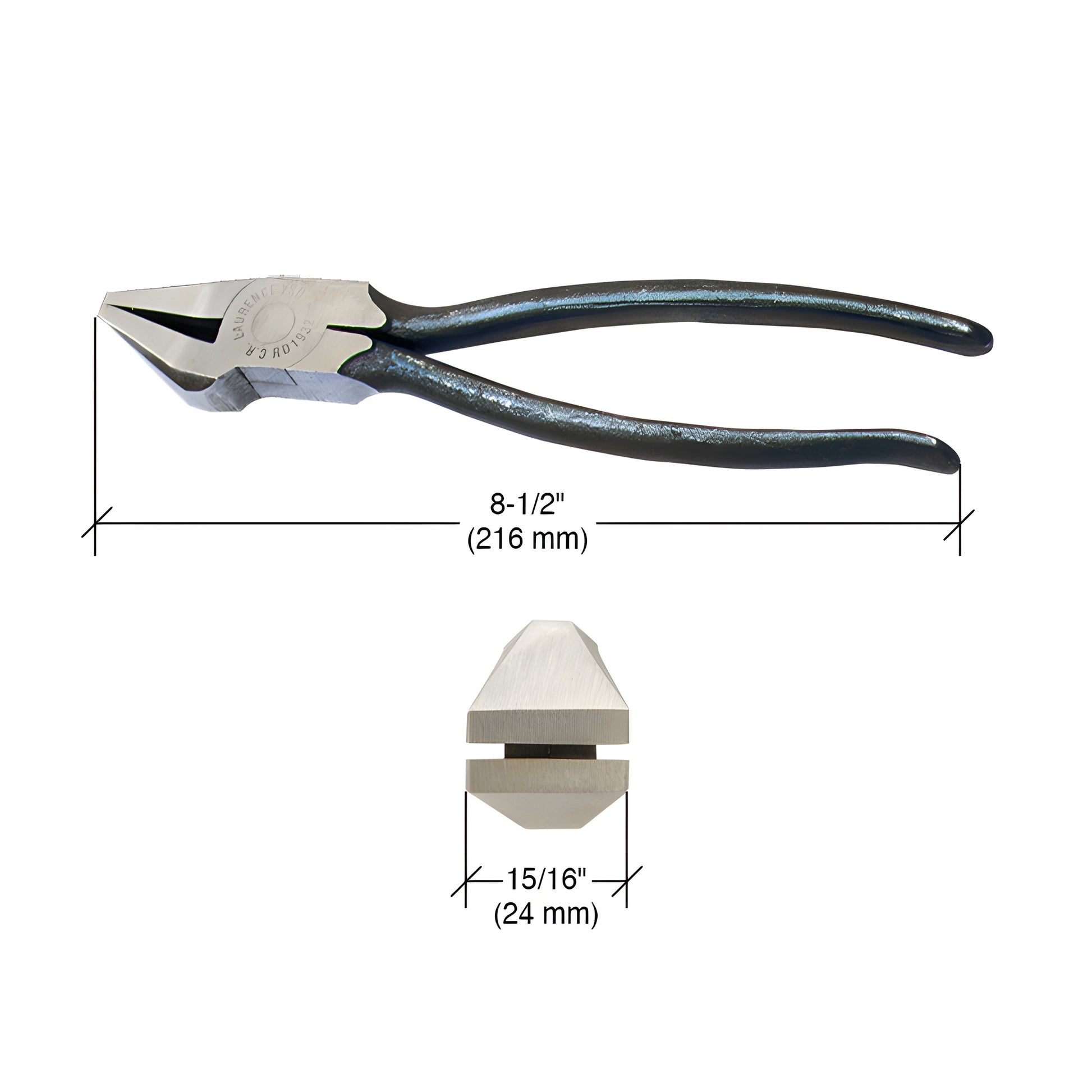 RD1932 CRL 8.5 in forged drop-jaw glass pliers, polished jaws and black handles, for glass up to 1/2 in.