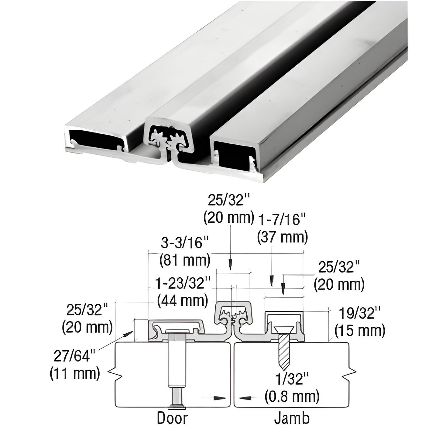 83-inch satin anodized full-surface continuous hinge (SKU 25083A) for heavy doors, includes screw pack.