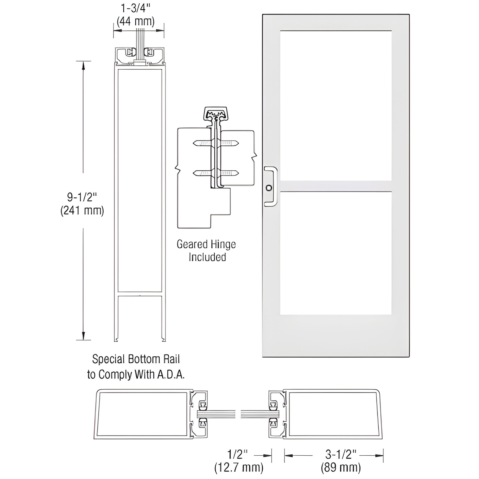 CR41852 white Kynar commercial medium-stile entrance door with 9-1/2" ADA bottom rail, geared hinge, fits 1/4" glass