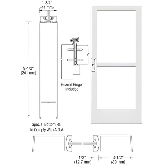 CR41852 white Kynar commercial medium-stile entrance door with 9-1/2" ADA bottom rail, geared hinge, fits 1/4" glass