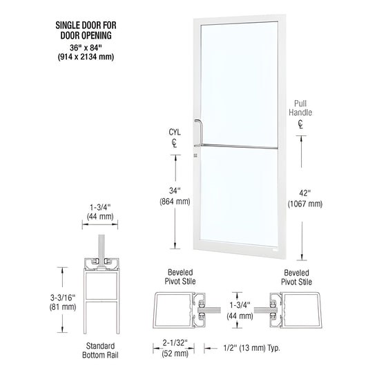 DC21852 white Kynar narrow stile aluminum commercial entrance door with glass, ADA 9.5" bottom rail, hardware details and dim