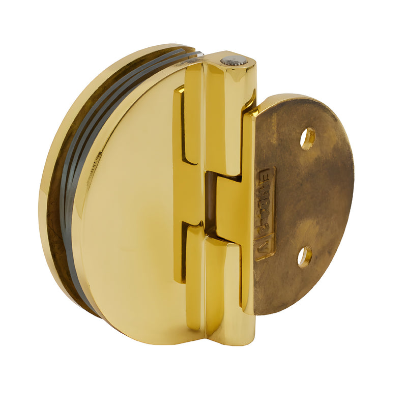 Polished brass half-round glass hinge (EH186) for 1/4 to 5/16" tempered shower glass, wall-mount offset back plate.