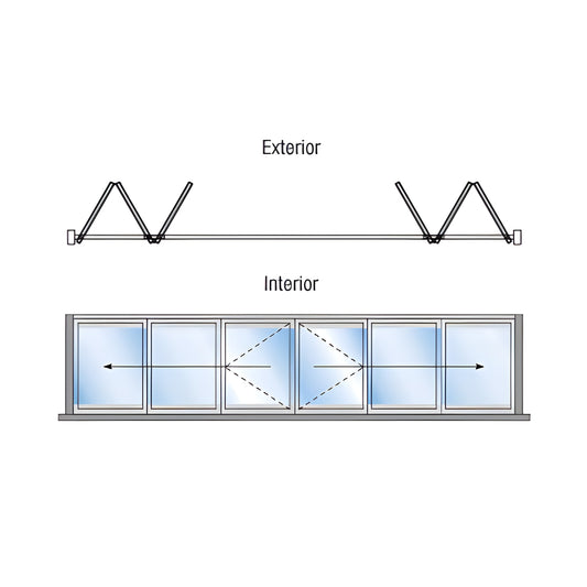 Palisades S90 4-panel exterior aluminum bi-fold door diagram showing right-hand folding panels and operation arrows.