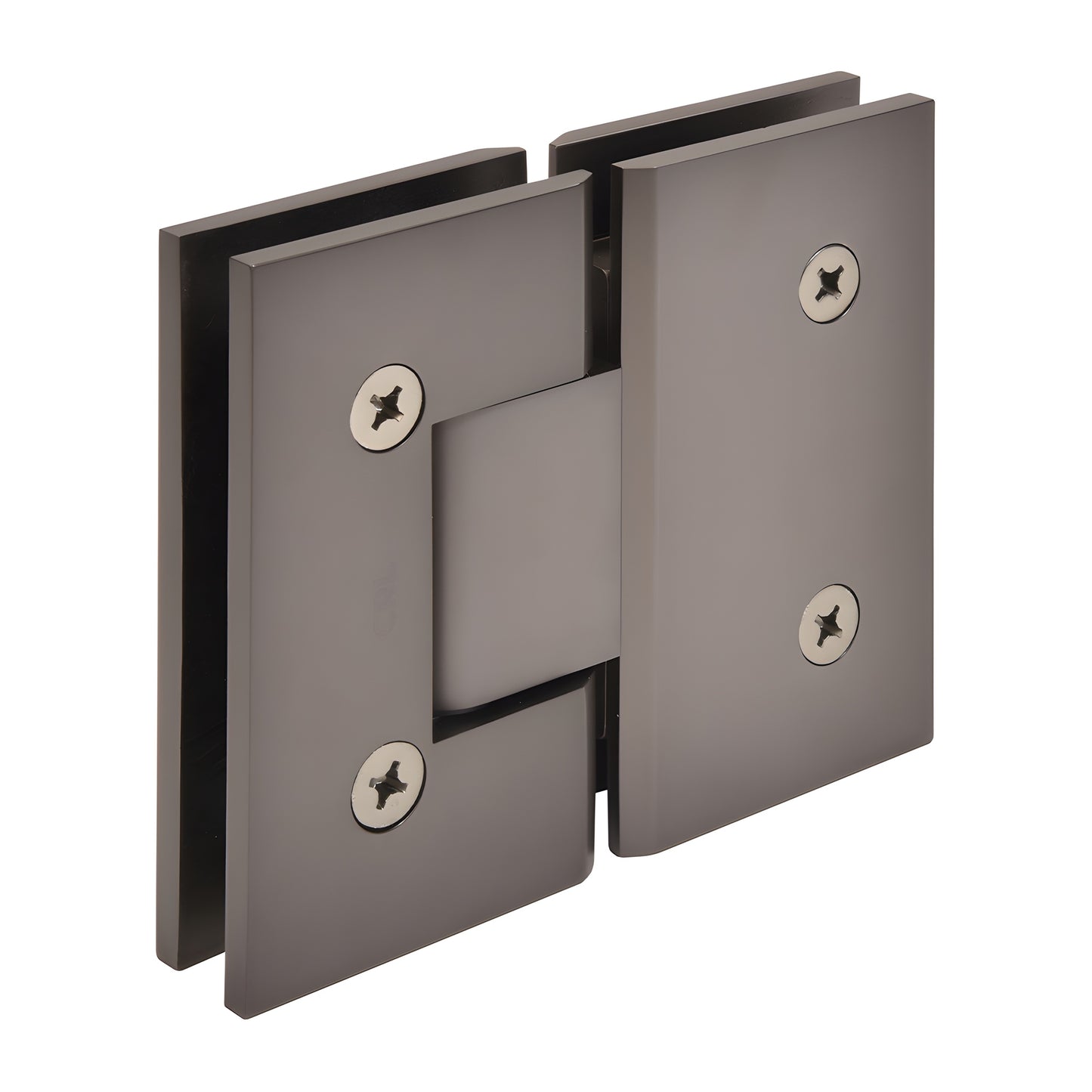Vienna V1E180MGM matte gunmetal brass glass-to-glass shower hinge, square profile for 3/8-1/2 tempered glass.