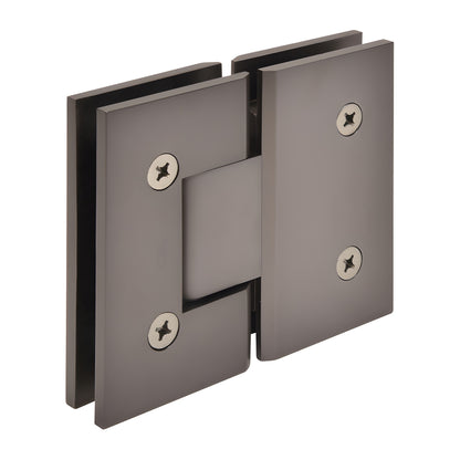 Vienna V1E180MGM matte gunmetal brass glass-to-glass shower hinge, square profile for 3/8-1/2 tempered glass.