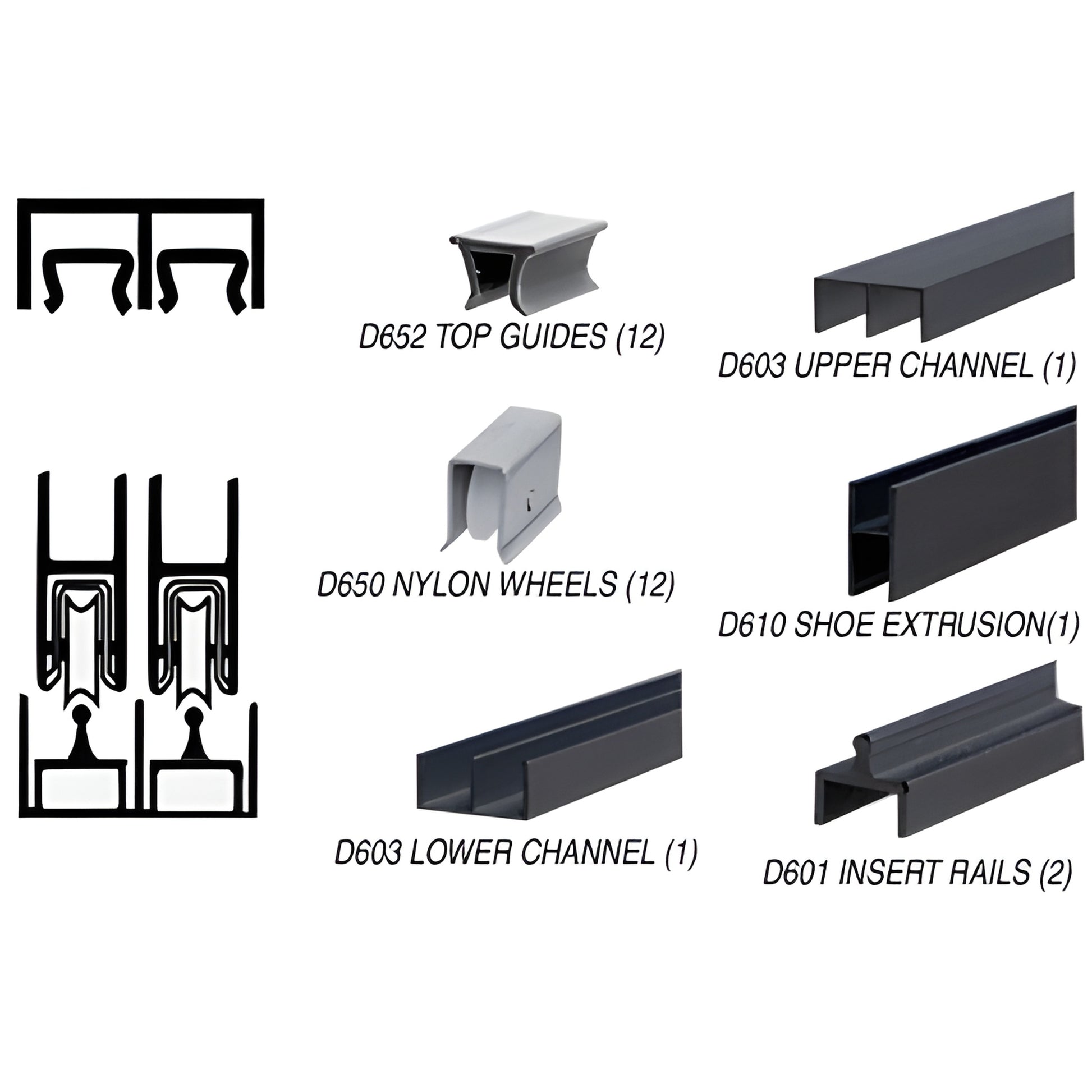 D2301BL flat black aluminum 12' deluxe sliding door rolling track assembly with D650 nylon wheels and channels