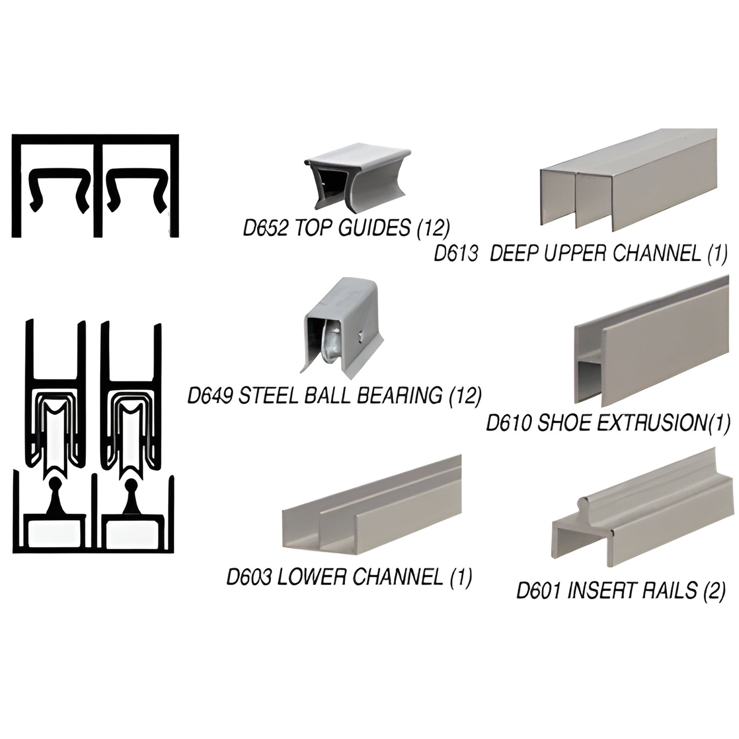 D2307BNBB 12' brushed nickel deluxe rolling track assembly components with D649 ball bearing wheels.