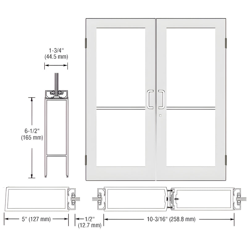 Double wide-stile commercial entrance door, white Kynar finish, glass panels, 5" stiles, 6-1/2" bottom rail. SKU DC52552
