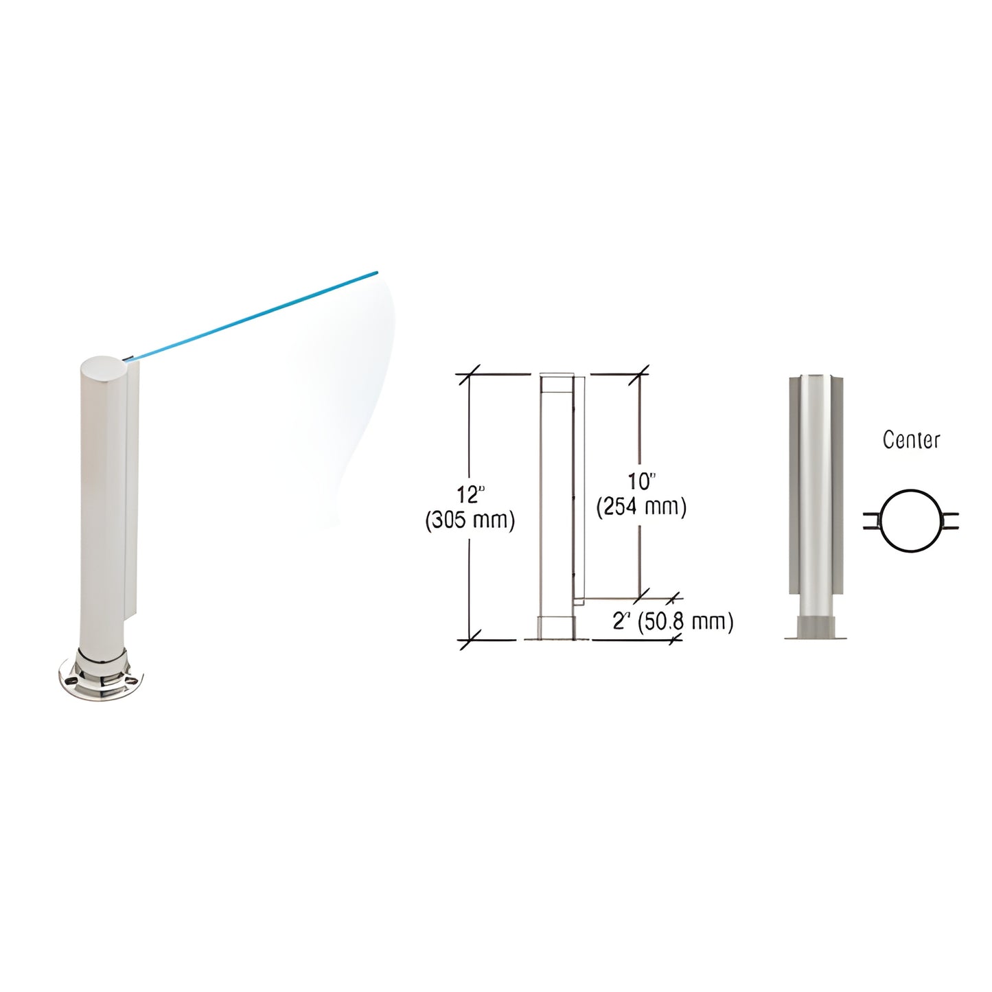Stainless steel 12" round center-post partition with U-channel for 1/4" glass, flat cap and round flange base SKU PP01CBS