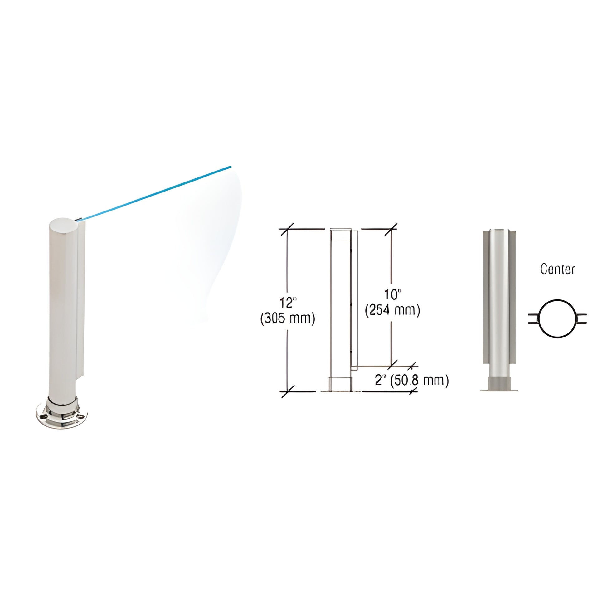 Stainless steel 12" round center-post partition with U-channel for 1/4" glass, flat cap and round flange base SKU PP01CBS