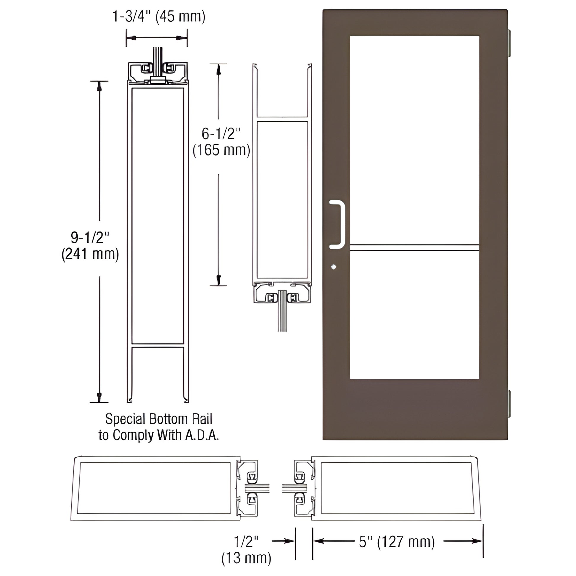 Black bronze anodized wide-stile commercial entrance door with 9-1/2" ADA bottom rail, 5" stiles and glass - SKU DE51422