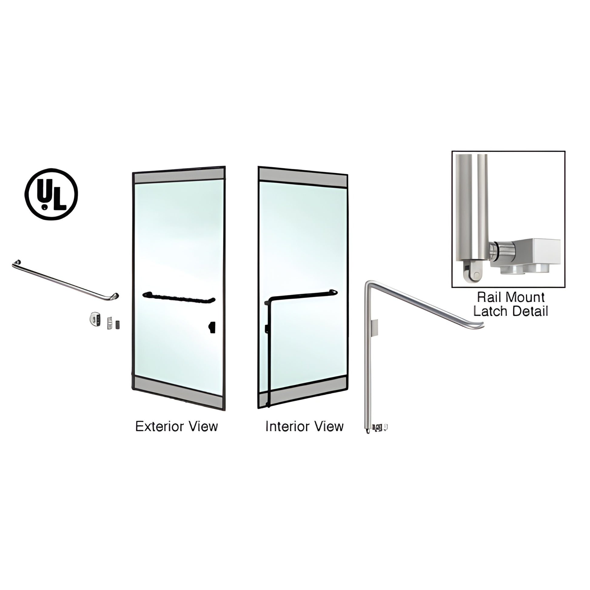 PA110A4RKBS brushed stainless steel 1-1/4 in rail-mount panic handle for commercial glass doors, interior/exterior views
