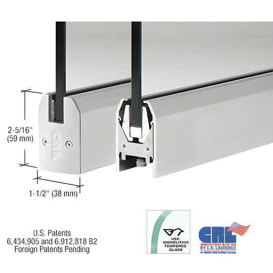 Satin anodized aluminum low-profile door rail DR2TSA38C for 3/8" glass, 2-5/16" H 1-1/2" W, internal Wedge-Lock shown.