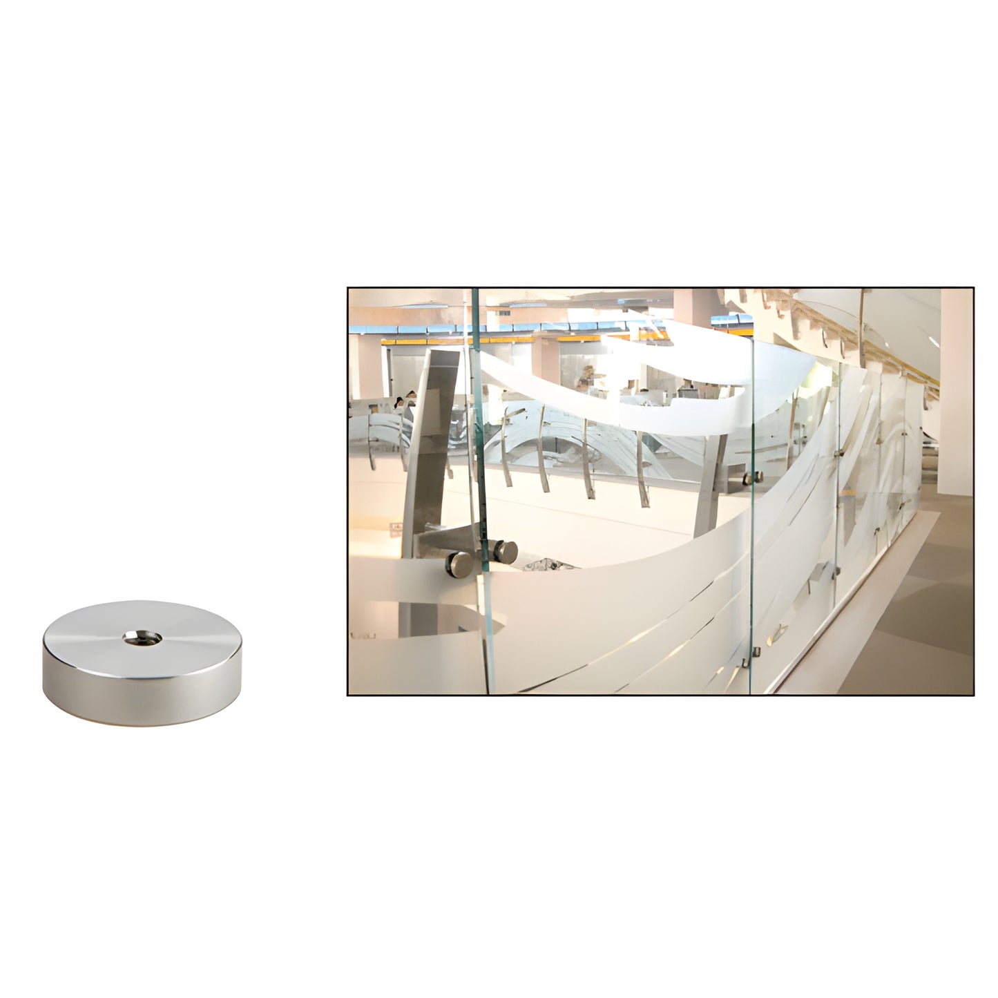 2" brushed 316 stainless steel standoff base (SKU S0B212BS) beside installed glass railing sample