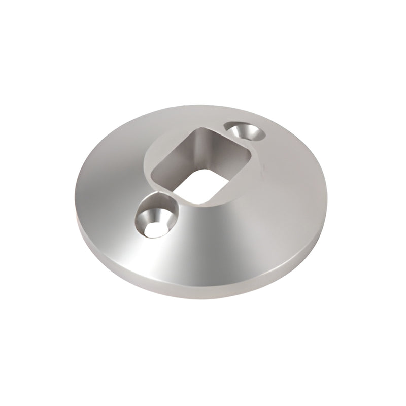 FRS01F floor-mount ramp strike, brushed stainless round plate with square center cutout and two screw holes.