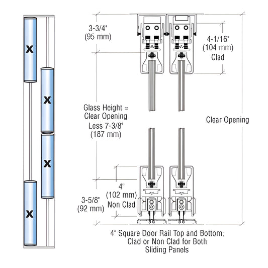 CRL SDR bottom-rolling sliding glass door system diagram (SKU 4SDR42FSA), 4" satin anodized square rails, specs and sizes.