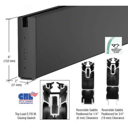 CRL Black Powder Coat 240x6 Square Sidelite Rail for sleek, modern glass installations.