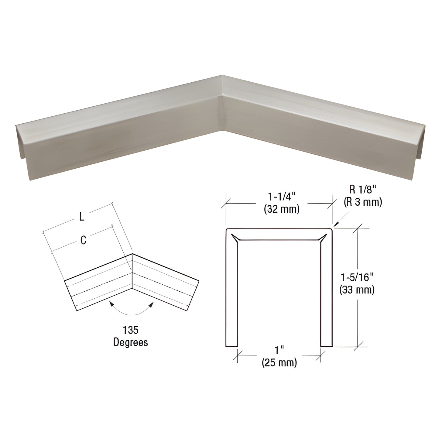 Brushed stainless steel 135 slip-fit corner for 3/4" (19mm) cap rail, welded ready-to-install - SKU GRLC107H3BS