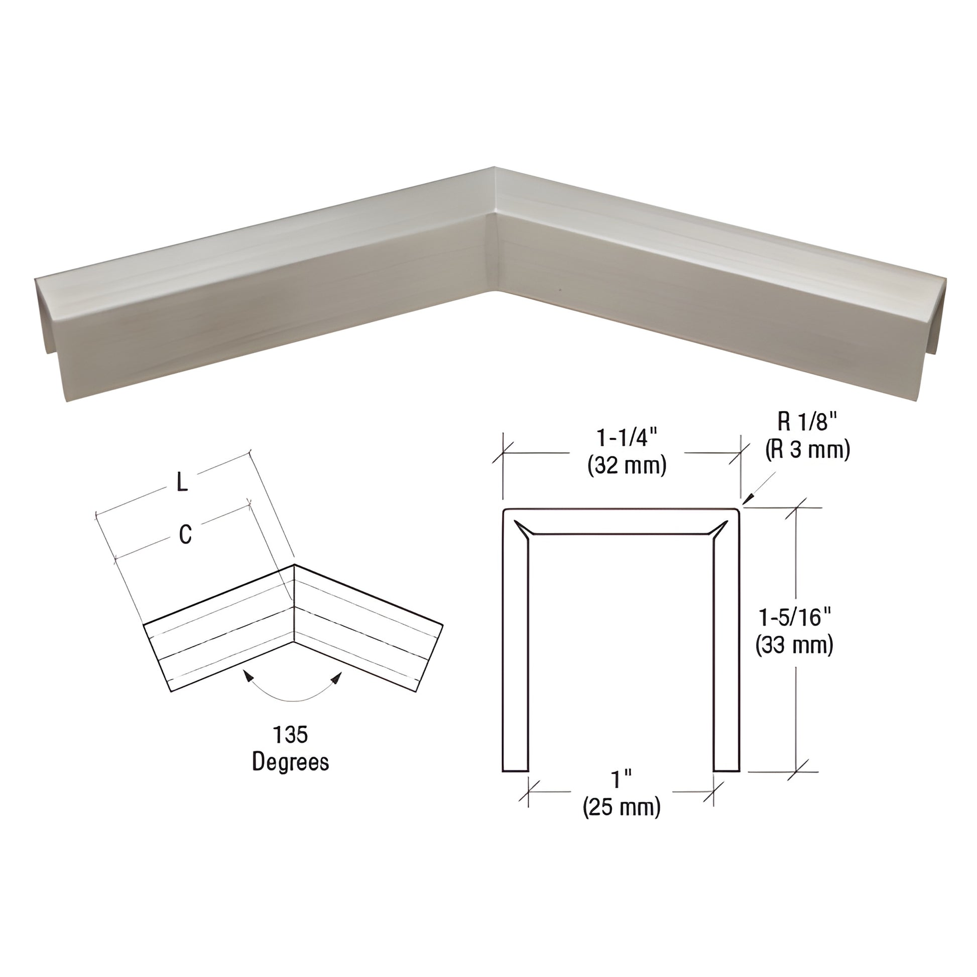 Brushed stainless steel 135 slip-fit corner for 3/4" (19mm) cap rail, welded ready-to-install - SKU GRLC107H3BS