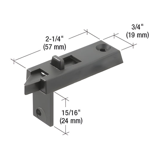 Black plastic tilt window latch, SKU F2628. 2-1/4" x 3/4", wrap-around design for Better Bilt tilt-out windows.