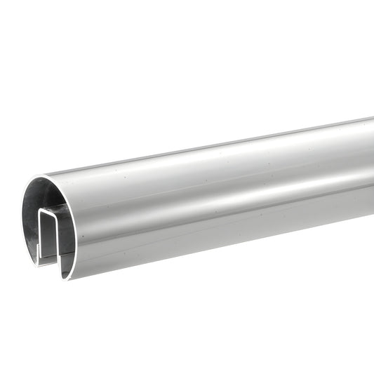 GR25PS14 polished stainless steel 2.5in round cap rail with internal channel for glass railing, 120" stock.