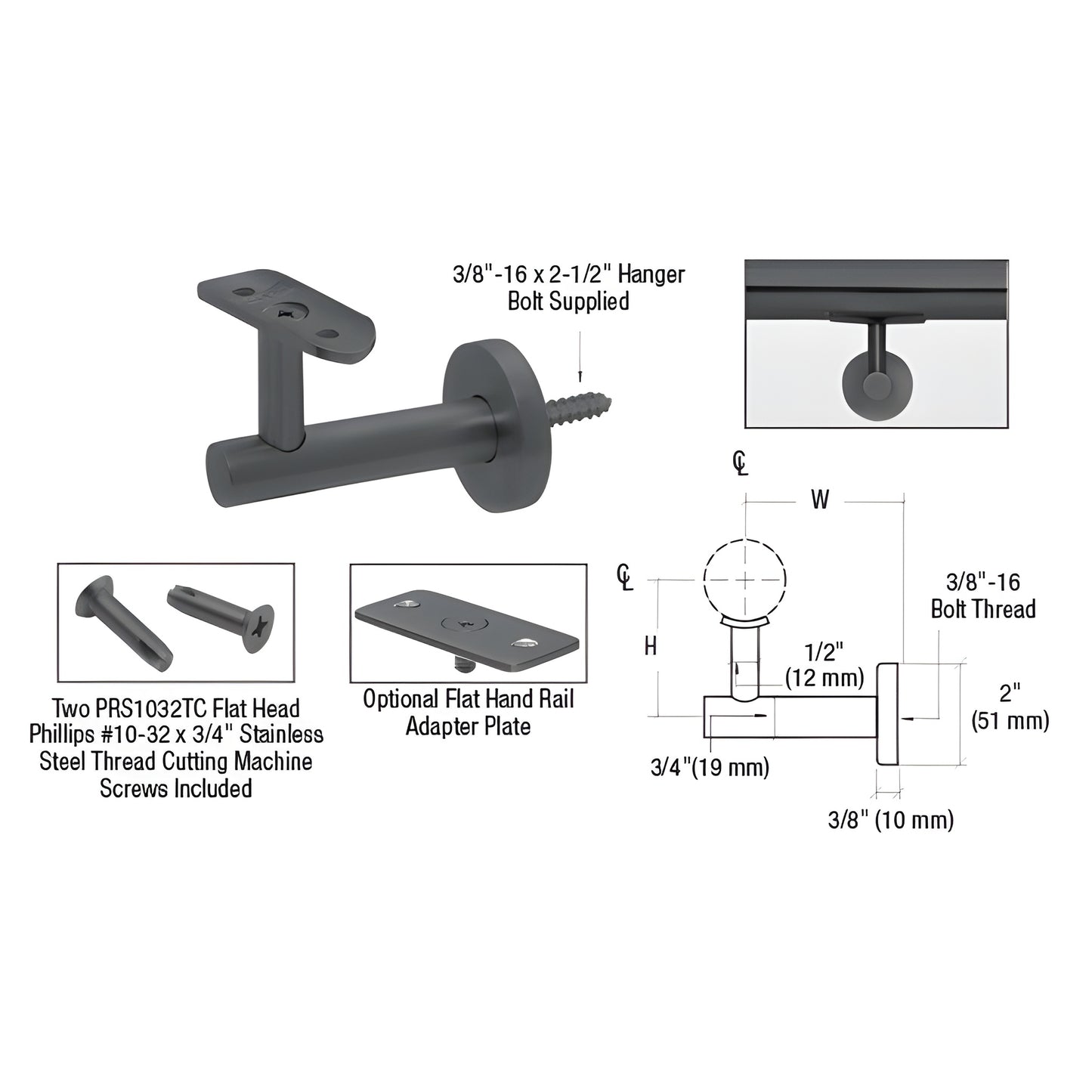 Matte black wall handrail bracket SKU HR3EWMBL, marine grade 316 stainless/aluminum, 2-1/4" projection for 1-1/2"-2" tubing