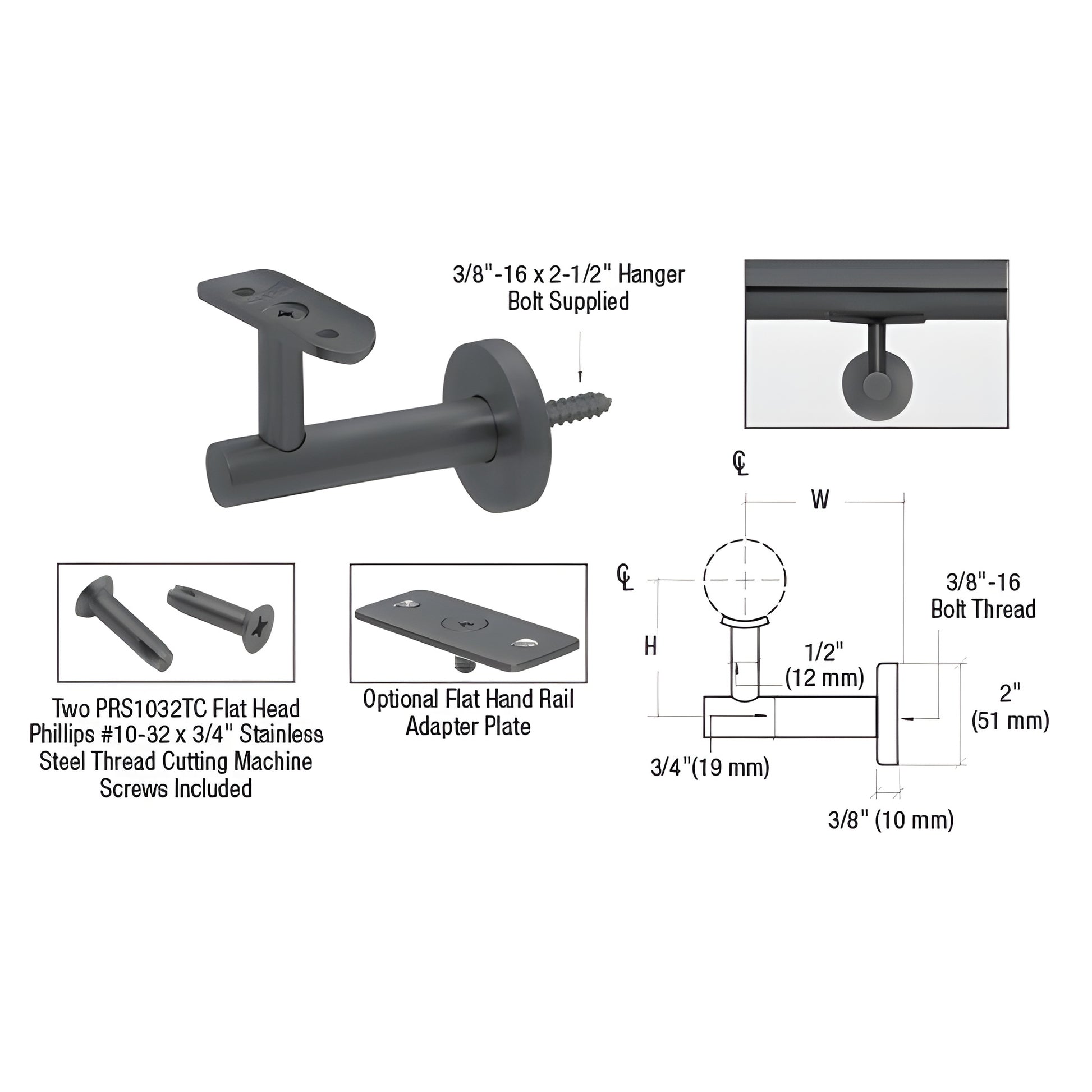 Matte black wall handrail bracket SKU HR3EWMBL, marine grade 316 stainless/aluminum, 2-1/4" projection for 1-1/2"-2" tubing