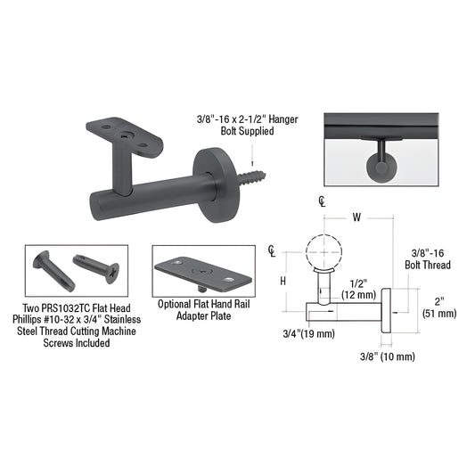 Matte black wall handrail bracket SKU HR3EWMBL, marine grade 316 stainless/aluminum, 2-1/4" projection for 1-1/2"-2" tubing